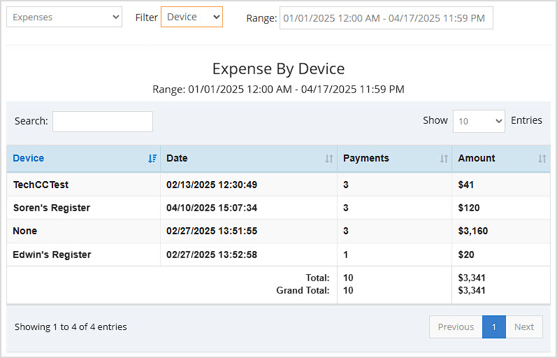 Image showing the Device view of the Bottle POS Admin appâs Expenses report.