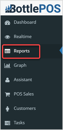 Bottle POS Admin screen displaying the function menu on the left side of the screen, the image is pointing out the Reports tab.