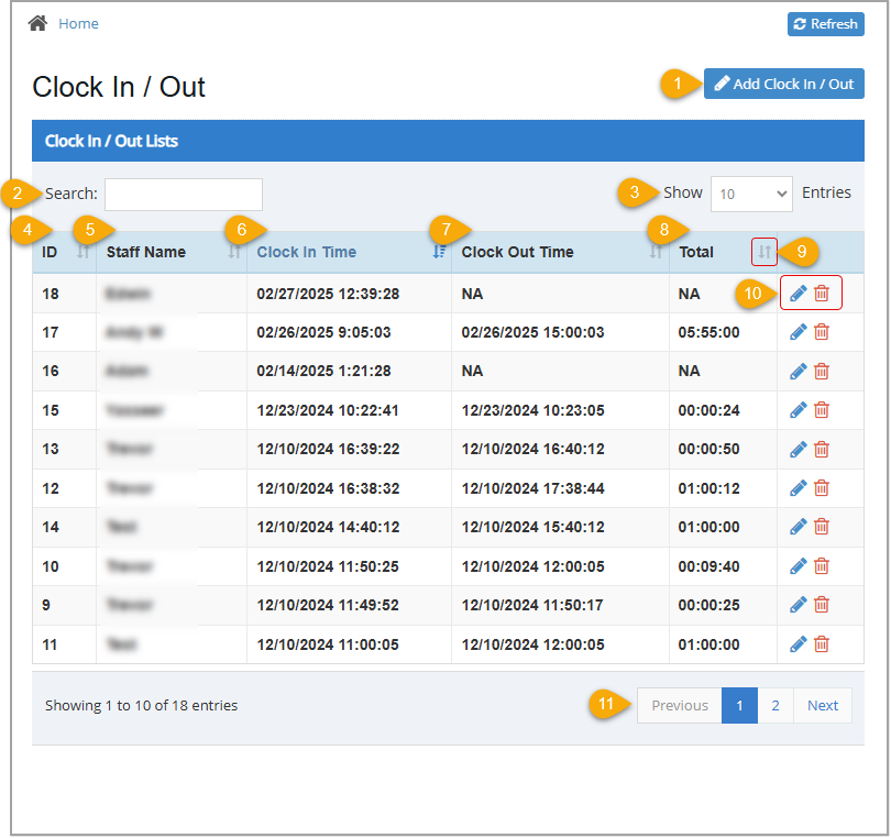 Image of the Clock In / Out page of the Bottle POS Admin where you can view and edit an employeeâs time clock entries.