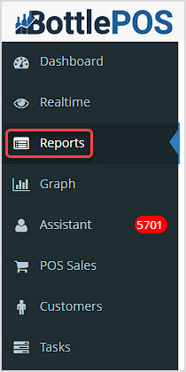 Image showing the main menu of the Bottle POS Admin app with the Reports area highlighted.