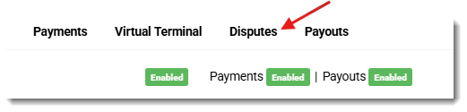 Image showing the Disputes page in the main navigation of the Payments Portal.