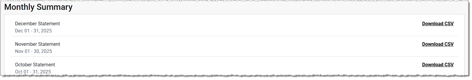 Image showing the Monthly Summary CSV download area of the Payments page of the Payments Portal.