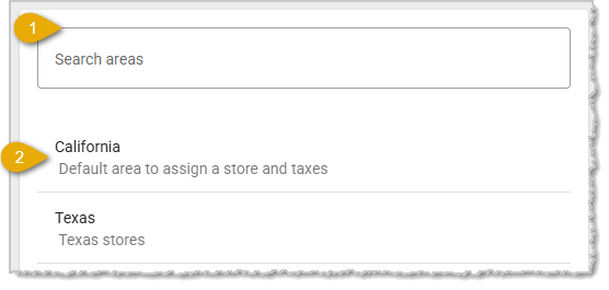 Image showing the Areas search function and list on the Areas page in the Administration menu of the system's back end.