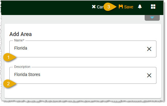 Image showing the steps to create a new Area on the Areas page in the Administration menu of the system's back end.