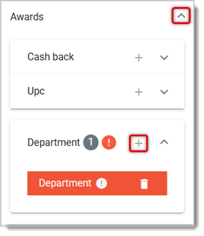 Image of the Awards menu. The menu expansion button and the Plus Sign button next to Department are highlighted.