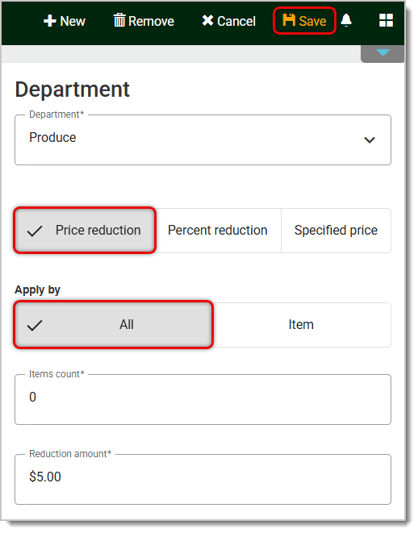 Image of the Department Award menu. Price Reduction, All, and Save are highlighted.