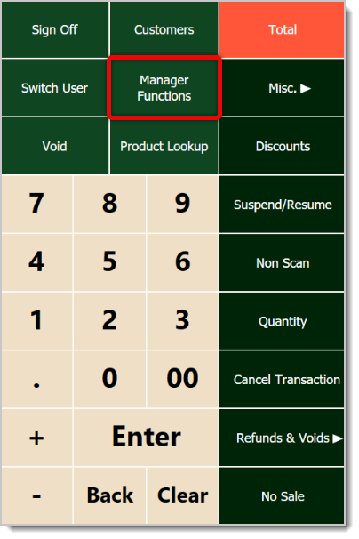 Image showing the Manager Functions button in the Markt POS Front End.