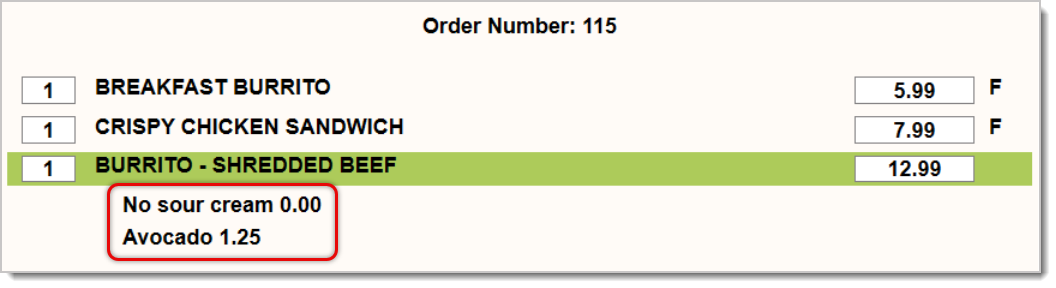 Image showing an item, Shredded Beef Burrito, with modifiers listed below it in a transaction on the Front End. The modifiers are highlighted.