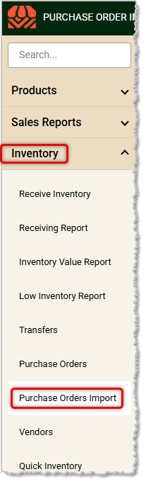 Image showing the Purchase Orders Import link in the Inventory menu of the MarktPOS Back End.