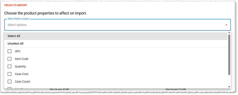Image showing the Field Selection options for a Purchase Order Import in the MarktPOS system's Back End.