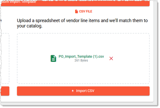 Image showing an uploaded data file for a Purchase Order import in the MarktPOS system back end.