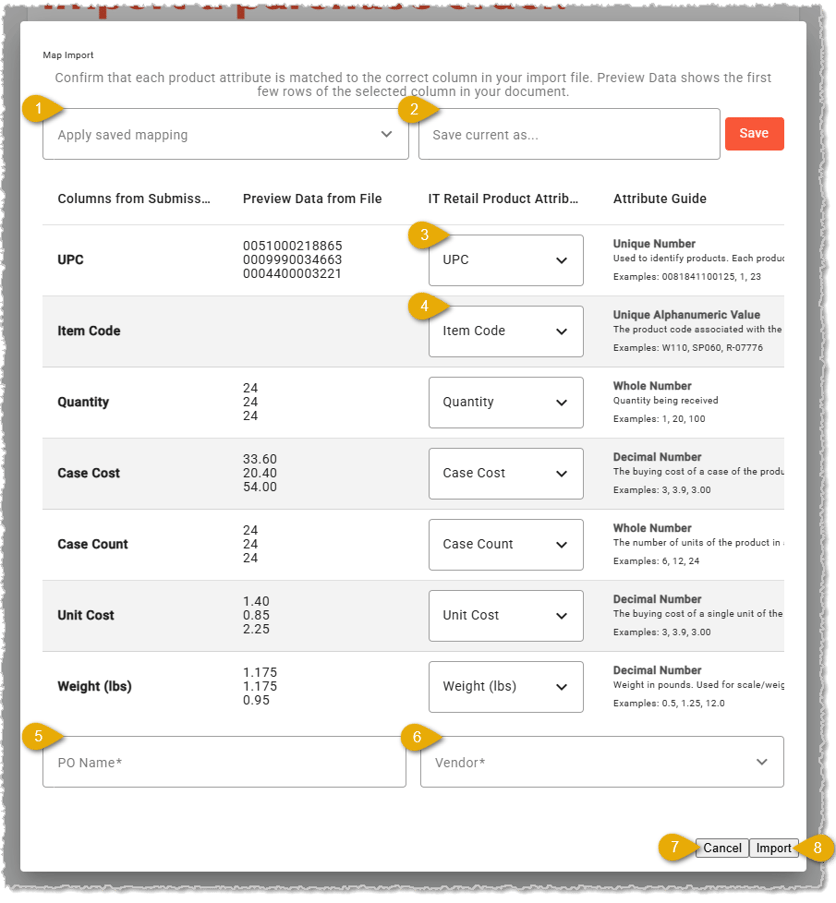 Image showing the data mapping for import template product data columns in the MarktPOS system back end.