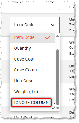 Image showing the Ignore Column option when mapping data for a Purchase Order import in the MarktPOS system.