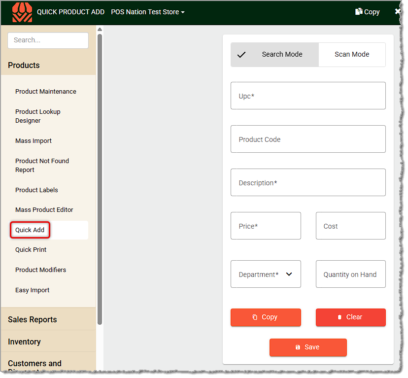 Image showing the Quick Add tool in the Products menu of the system Back End.