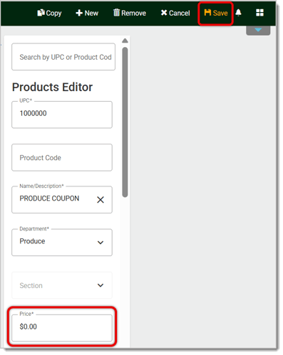 Image of the Products Editor. The Price at 0.00 is highlighted, and the Save button is highlighted.