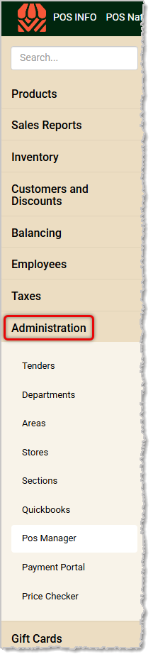 Image showing the Administration menu of the POS system's Back End.