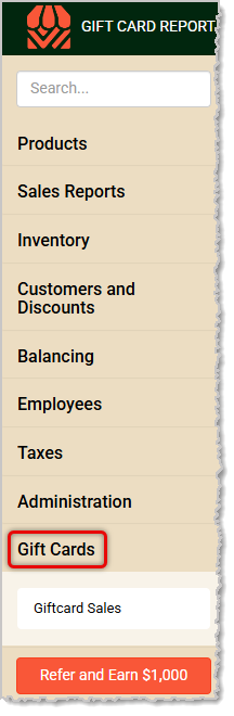Image showing the Gift Cards menu of the POS system's Back End.