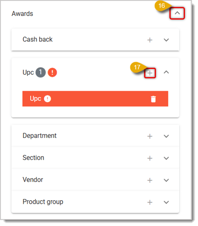 Image highlighting the Awards menu expansion button and the Plus Sign button for the UPC Award in the  Back End.