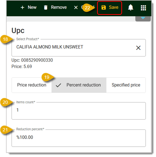 Image highlighting the fields in the UPC Award menu, located in the  Back End. Numbers 18-22 highlight each field of this menu.