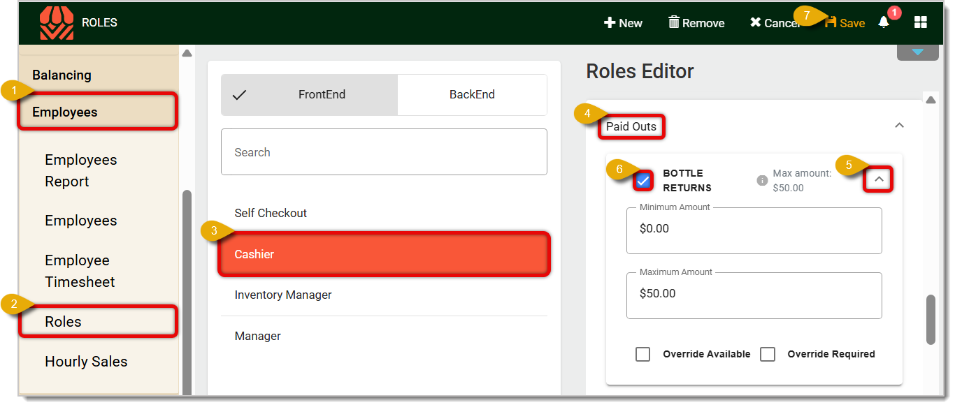 Image with numbers indicating steps for granting the Paid Out permission to a Role.