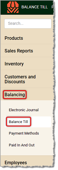 Image showing the Balance Till link in the Balancing menu of the  system's back end.