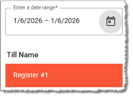 Image showing the Date Range filter for the Balance Till page of the Balancing menu of the  system's back end.