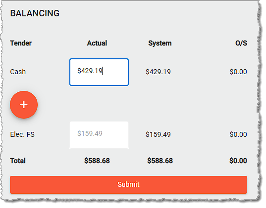 Image showing the Actual cash count field on the Balance Till page of the Balancing menu of the  system's back end.
