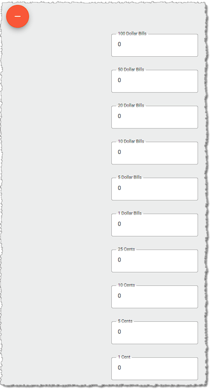 Image showing the bill and coin denomination fields on the Balance Till page of the Balancing menu of the  system's back end.