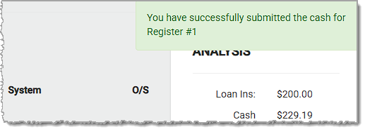 Confirmation message from the  system that the cash count was successfully submitted in the Balance Till tool.