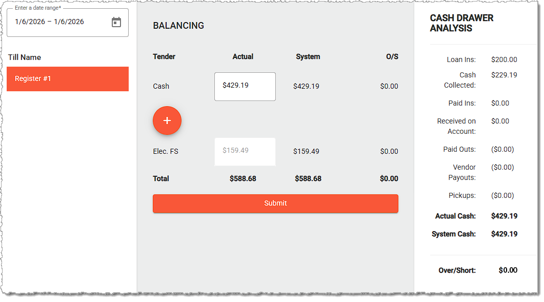 Image showing the Balance Till functions of the Balancing menu in the  system's back end.