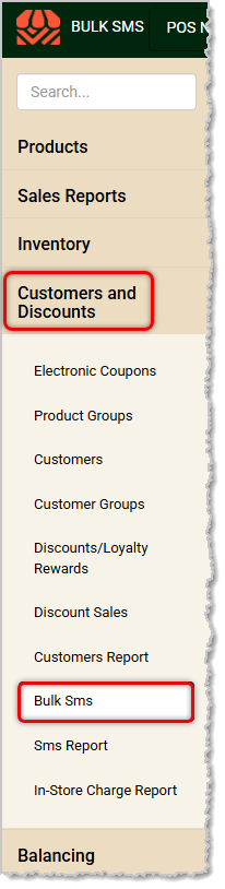 Image showing the Bulk SMS area of the Customers & Discounts menu in the  system's main menu in the Back End.