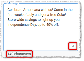 Image showing the Message field of the Bulk SMS page in the  system's Back End.