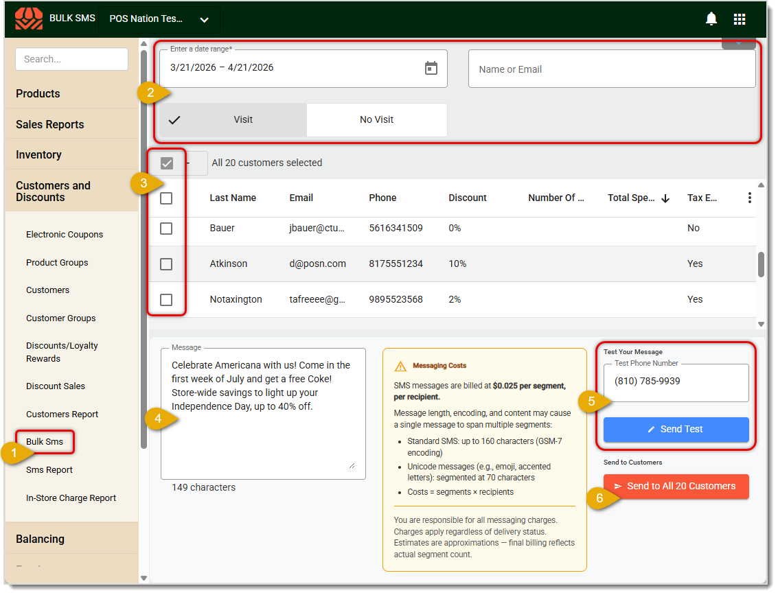 Image showing the steps to send a Bulk SMS message to customers in the  system's Back End.