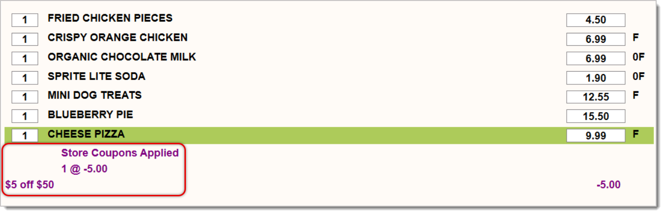 Image of an example transaction with the Minimum Total coupon applied. The Minimum Total coupon is for $5 off of $50 purchases.