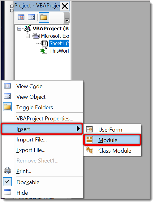 Image of the VBA Editor, with steps to create a new Module highlighted.