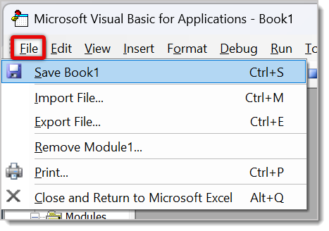 Image showing how to save the Book in the VBA Editor.