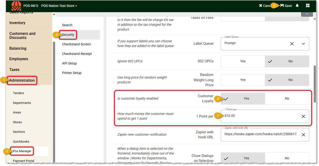 Image showing how to activate and configure customer loyalty in the  system's Back End.