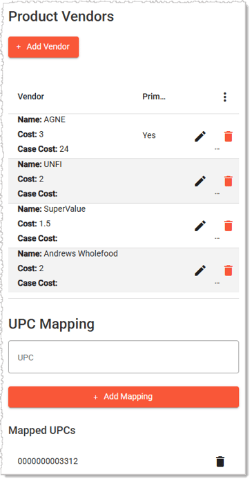 Image showing the Vendors and UPC Mapping areas of the Inventory tab of the Product Maintenance page in the  system.