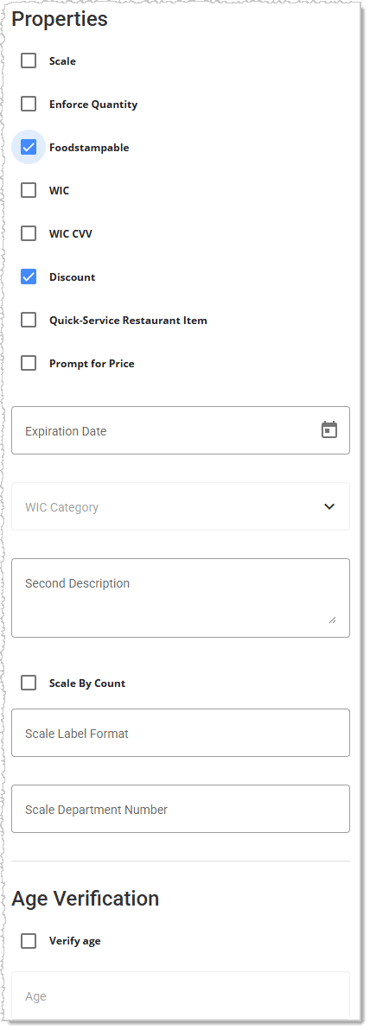 Image showing the configuration options of the Properties tab of the Product Maintenance page in the  system.
