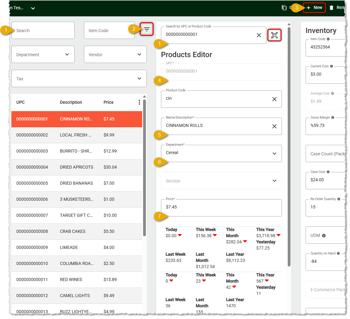 Image showing the steps to create a new product on the Product Maintenance page in the  POS Back End