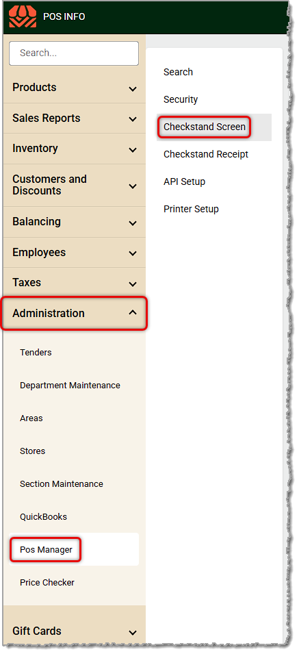 Image showing how to get to the Checkstand Screen tab of POS Manager in the Administration menu of the MarktPOS system.