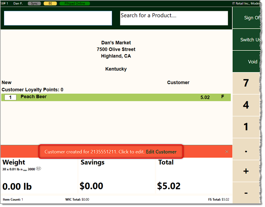 Image showing the MarktPOS Front End with a newly created customer from phone entry on the P5 Card Reader.