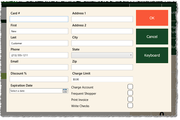 Image showing the Edit Customer window in the Front End of the MarktPOS system.