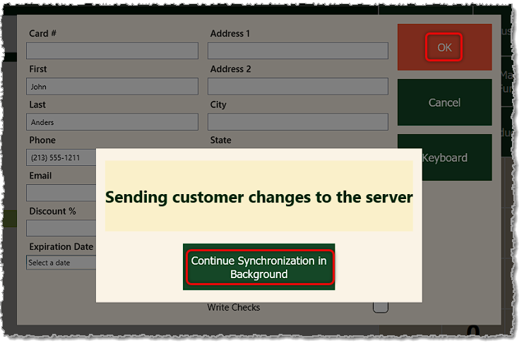 Image showing the sync in background option when updating a customer's data in the Front End of the MarktPOS system.