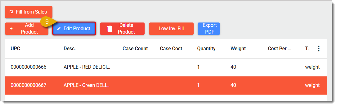 Image highlighting the Edit Product button in the Purchase Orders page.