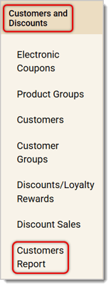 Image of the left-hand panel in the  Back End. Customers and Discounts and Customers Report are highlighted.