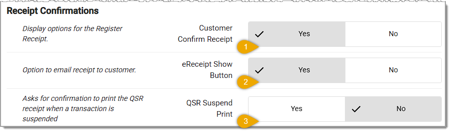 Image showing the Receipt Confirmations section of the POS Manager Checkstand Receipt page in the Administration menu of the system's back end.