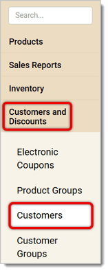 Image of the left-hand panel in the Front End, with Customers and Discounts, along with Customers, being highlighted.