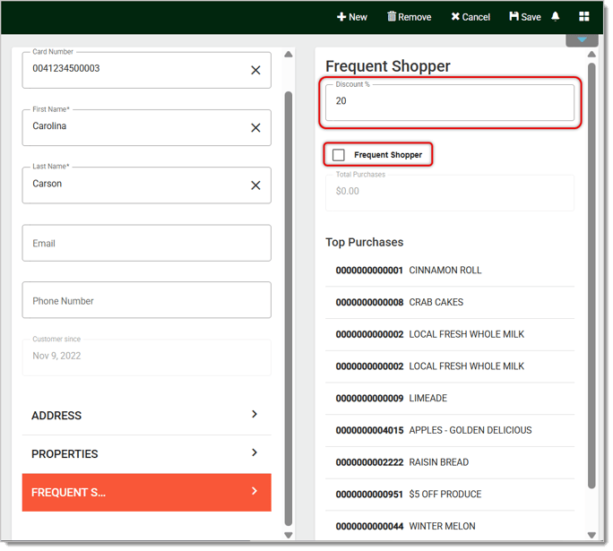 Image showing the Frequent Shopper tab of the Customers page in the system's Back End.
