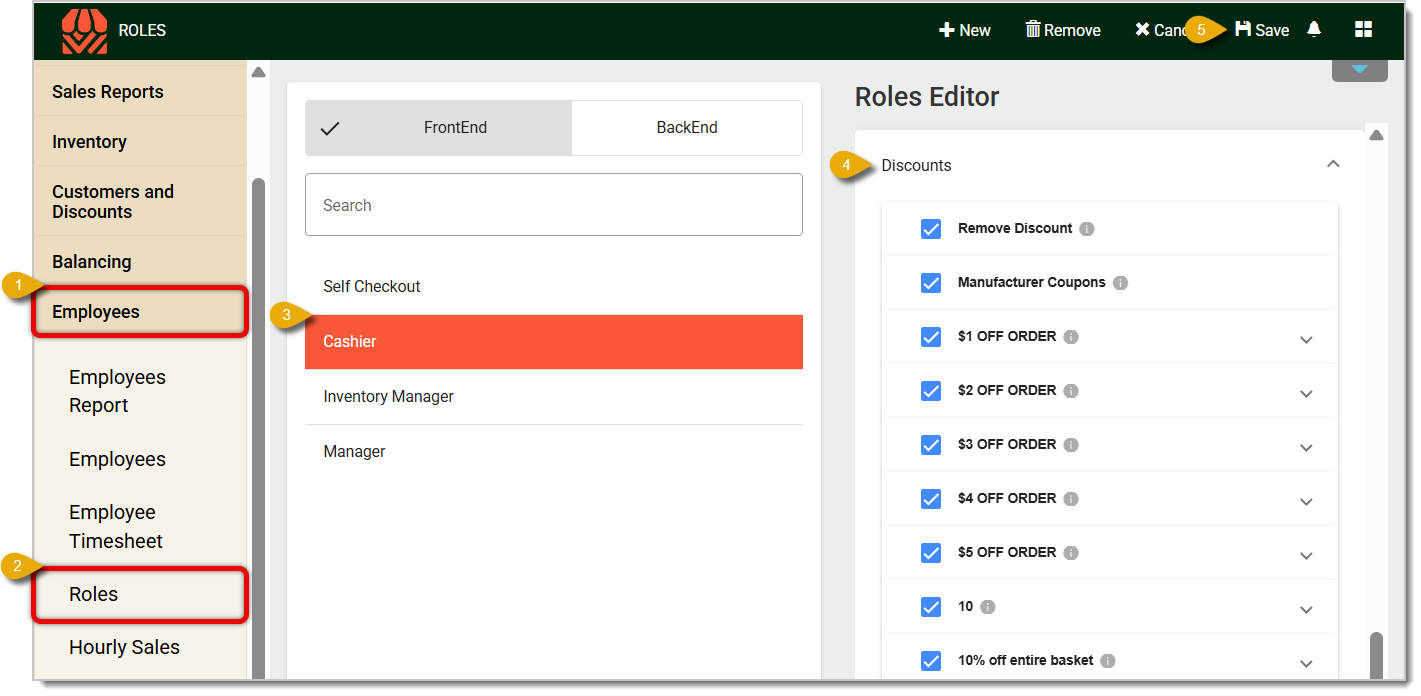 Image of the Roles page. Numbers highlight how to give employees access to Discounts.